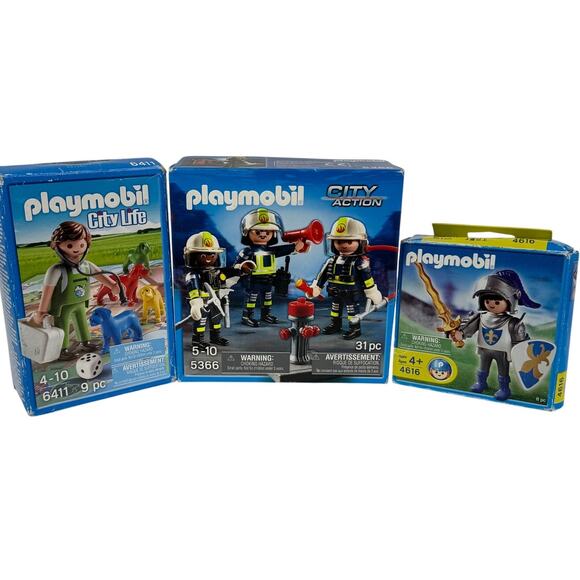 Playmobil 4616 Blue Knight Fleur di Lis, Veterinarian & Fire Fighter 5366 Lot - Picture 1 of 9